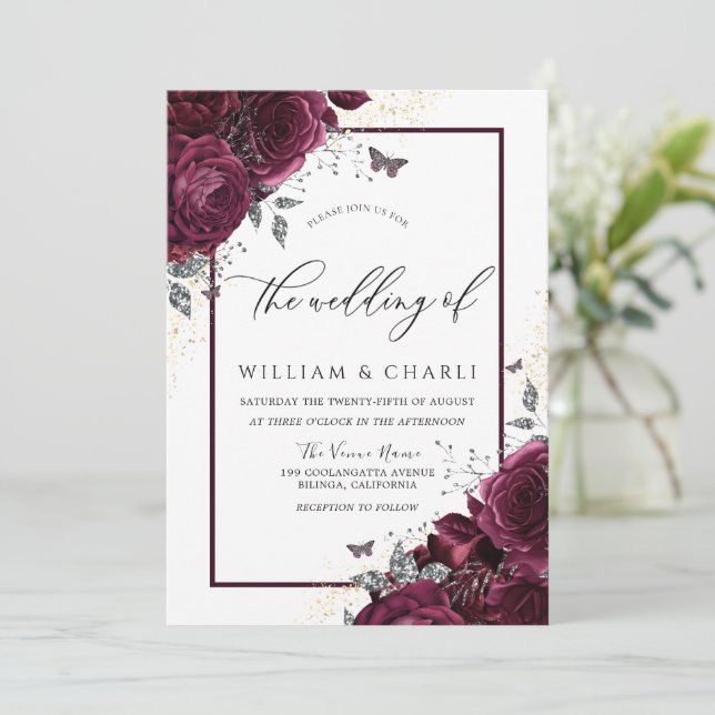 Elegant Burgundy Roses Fall Autumn Wedding Invitation (Standing Front)