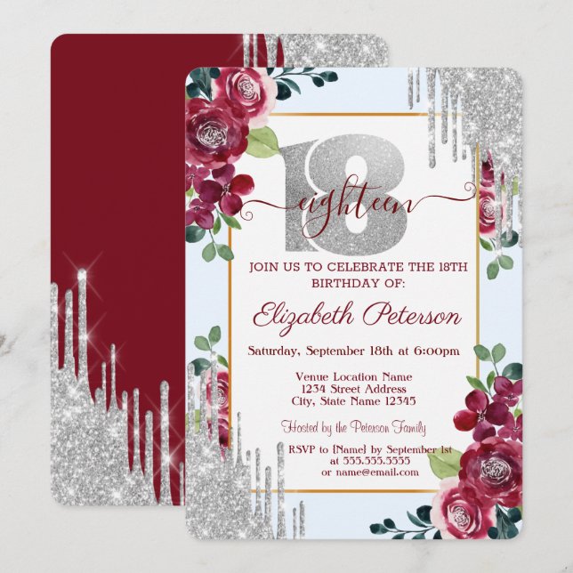 Elegant Burgundy Roses Glitter Drips  Invitation (Front/Back)