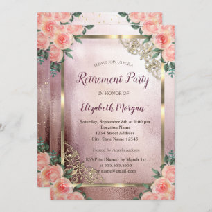 Elegant Burgundy Roses Gold Frame Retirement Invitation
