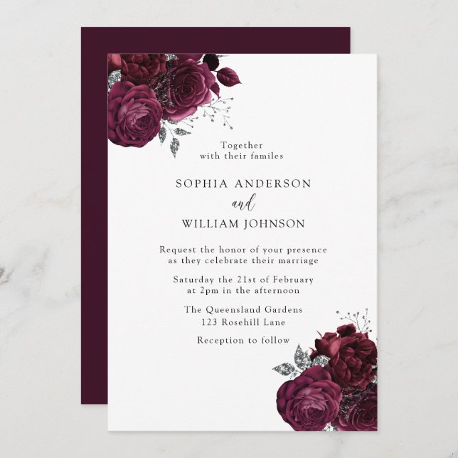 Elegant Burgundy Roses Modern Floral Wedding Invitation (Front/Back)