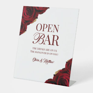 Elegant Burgundy Roses Open Bar Wedding Pedestal Sign