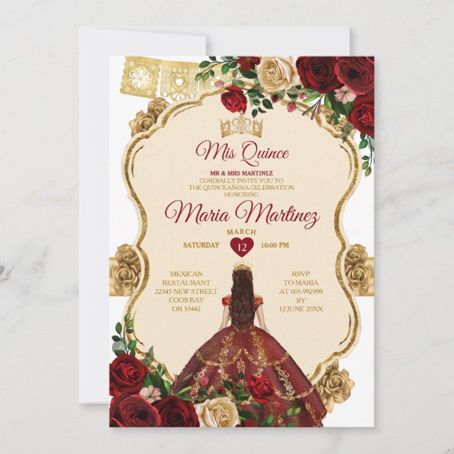 Elegant Burgundy Roses Princess Gold Quinceañera Invitation (Front)