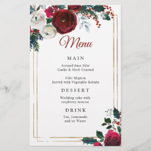Elegant  Burgundy Roses Winter Wedding Dinner Menu