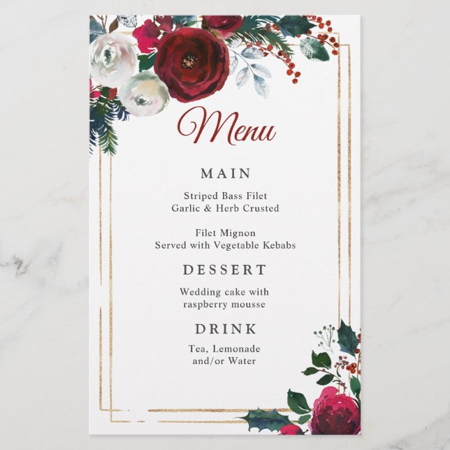 Elegant  Burgundy Roses Winter Wedding Dinner Menu (Front)
