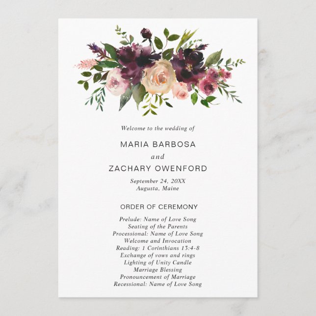 Elegant Burgundy Rustic Fall Floral Wedding Program (Front)