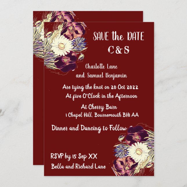 Elegant Burgundy Rustic Floral Monogram Wedding  Invitation (Front/Back)