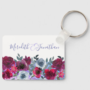 Elegant Burgundy Sage Green Blue Floral Wedding Key Ring