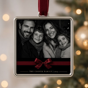 Elegant Burgundy Satin Bow Custom Family Photo Metal Ornament