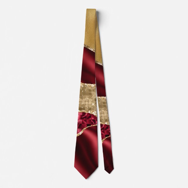 Elegant Burgundy Satin Red Gold Glitter Tie (Front)