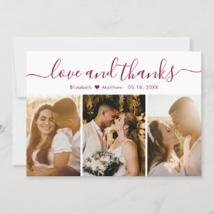Elegant Burgundy Script 3 Photo Collage Wedding Thank You Card
