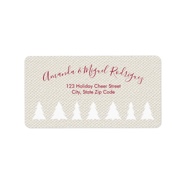 Elegant Burgundy Script Christmas Trees on Beige Label (Front)