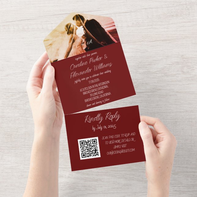 Elegant Burgundy Script Modern RSVP QR Code  All I In One Invitation (Tearaway)