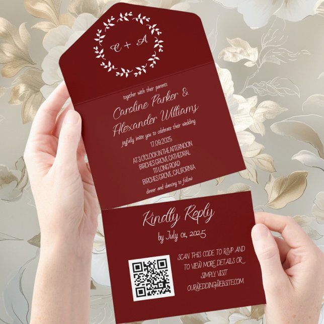Elegant Burgundy Script Modern RSVP QR Code All In One Invitation (Creator Uploaded)