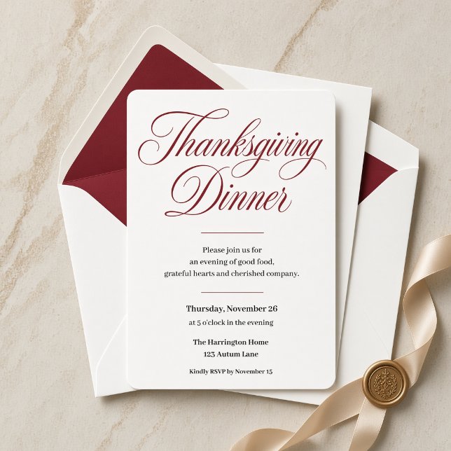 Elegant Burgundy Script Thanksgiving Dinner Invitation (Creator Uploaded)