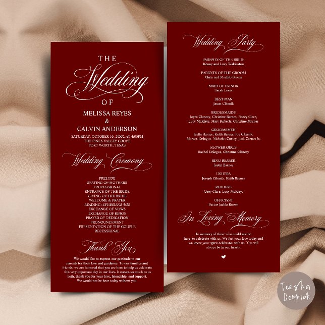 Elegant Burgundy Script Wedding Ceremony Program (Elegant Burgundy Wine Red Script Wedding Ceremony Order Program Card)