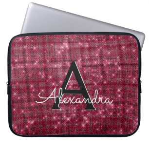 Elegant Burgundy Shimmer and Sparkle Monogram Laptop Sleeve