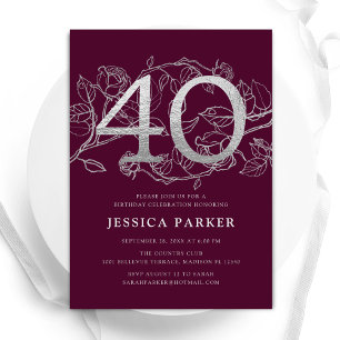 Elegant Burgundy Silver 40th Birthday Invitation