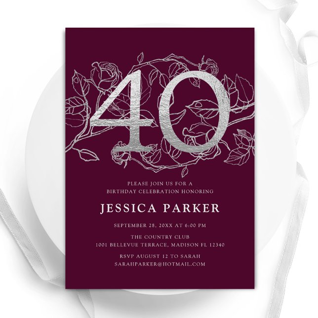 Elegant Burgundy Silver 40th Birthday Invitation (Creator Uploaded)
