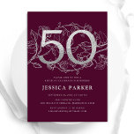 Elegant Burgundy Silver 50th Birthday Invitation<br><div class="desc">Elegant burgundy silver 50th birthday party invitation. Customisable modern feminine design featuring roses botanical accents and faux glitter silver. Simple floral invite card perfect for a stylish female bday celebration. Personalise with your own details. Printed Zazzle invitations or instant download digital printable template.</div>