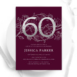 Elegant Burgundy Silver 60th Birthday Invitation<br><div class="desc">Elegant burgundy silver 60th birthday party invitation. Customisable modern feminine design featuring roses botanical accents and faux glitter silver. Simple floral invite card perfect for a stylish female bday celebration. Personalise with your own details. Printed Zazzle invitations or instant download digital printable template.</div>