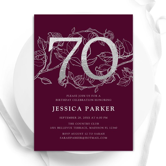 Elegant Burgundy Silver 70th Birthday Invitation (Creator Uploaded)