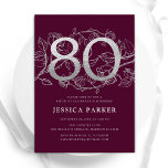 Elegant Burgundy Silver 80th Birthday Invitation<br><div class="desc">Elegant burgundy silver 80th birthday party invitation. Customisable modern feminine design featuring roses botanical accents and faux glitter silver. Simple floral invite card perfect for a stylish female bday celebration. Personalise with your own details. Printed Zazzle invitations or instant download digital printable template.</div>