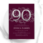 Elegant Burgundy Silver 90th Birthday Invitation<br><div class="desc">Elegant burgundy silver 90th birthday party invitation. Customisable modern feminine design featuring roses botanical accents and faux glitter silver. Simple floral invite card perfect for a stylish female bday celebration. Personalise with your own details. Printed Zazzle invitations or instant download digital printable template.</div>