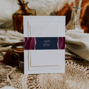 Elegant Burgundy Silver Agate Navy Blue Wedding Invitation Belly Band