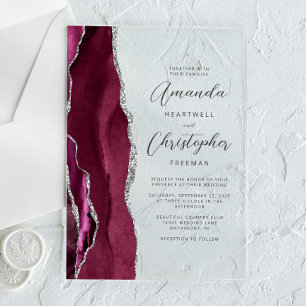 Elegant Burgundy Silver Agate Script Wedding Acrylic Invitations