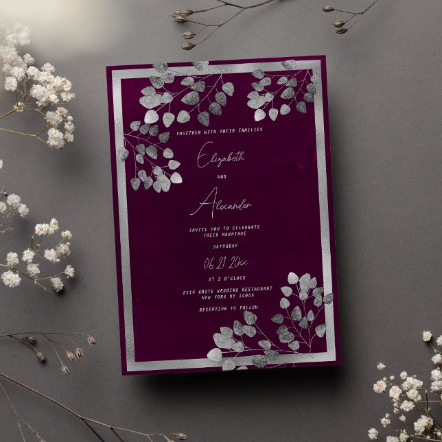 Elegant burgundy silver eucalyptus leaf wedding invitation (Elegant burgundy silver eucalyptus leaf wedding)