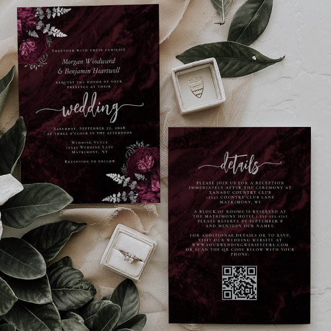 Elegant Burgundy Silver Floral QR Code Wedding Invitation (Creator Uploaded)