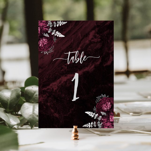 Elegant Burgundy Silver Floral Wedding Table Number (Creator Uploaded)