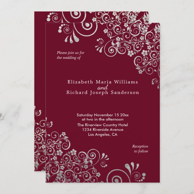 Elegant Burgundy Silver Grey Swirls Wedding Invitation (Front/Back)