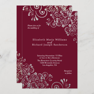 Elegant Burgundy Silver Grey Swirls Wedding Invitation