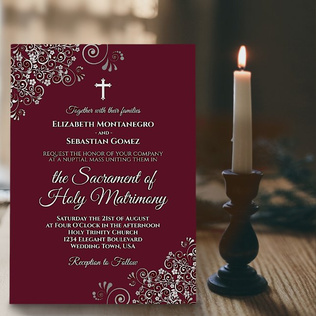 Elegant Burgundy & Silver Modern Catholic Wedding Invitation (Creator Uploaded)