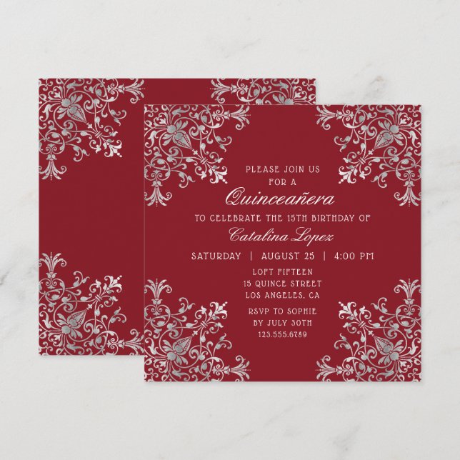 Elegant Burgundy Silver Ornate Floral Quinceañera Invitation (Front/Back)