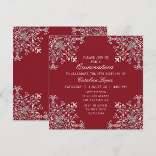 Elegant Burgundy Silver Ornate Floral Quinceañera Invitation