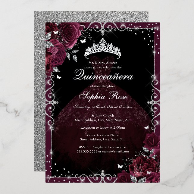 Elegant Burgundy Silver Rose Dress Quinceanera (Front/Back)