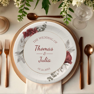Elegant Burgundy & Silver Watercolor Wedding  Paper Plate