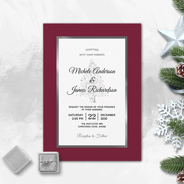 Elegant Burgundy Silver Winter Holiday Wedding Invitation (Creator Uploaded)
