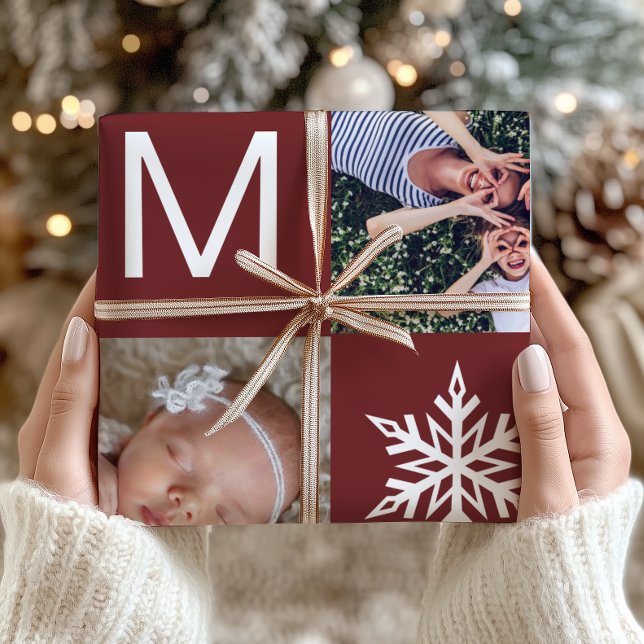 Elegant Burgundy Snowflake Photo Collage Christmas Wrapping Paper (Creator Uploaded)