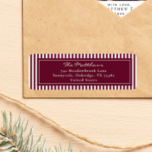 Elegant Burgundy Stripes Christmas Address Return Label