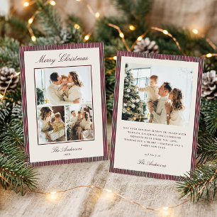 Elegant Burgundy Stripes Christmas Photo Collage Holiday Card