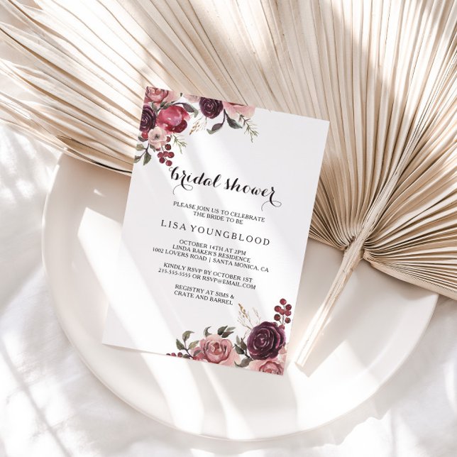 Elegant Burgundy Summer Floral Bridal Shower Invitation (Creator Uploaded)