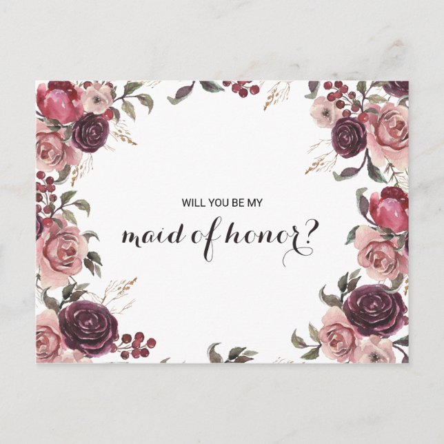 Elegant Burgundy Summer Floral Maid of Honour Invitation Postcard (Front)