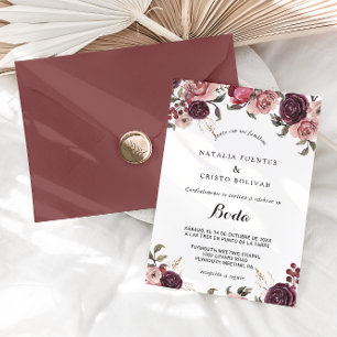 Elegant Burgundy Summer Floral Spanish Wedding Invitation