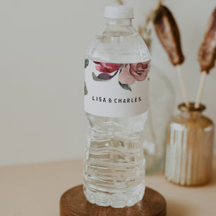 Elegant Burgundy Summer Floral Water Bottle Label