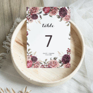 Elegant Burgundy Summer Floral Wedding Table Number