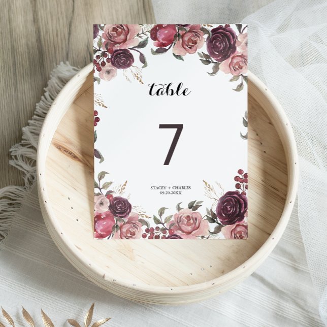 Elegant Burgundy Summer Floral Wedding Table Number (Creator Uploaded)