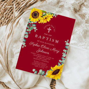Elegant Burgundy Sunflower Cross Baptism Invitation
